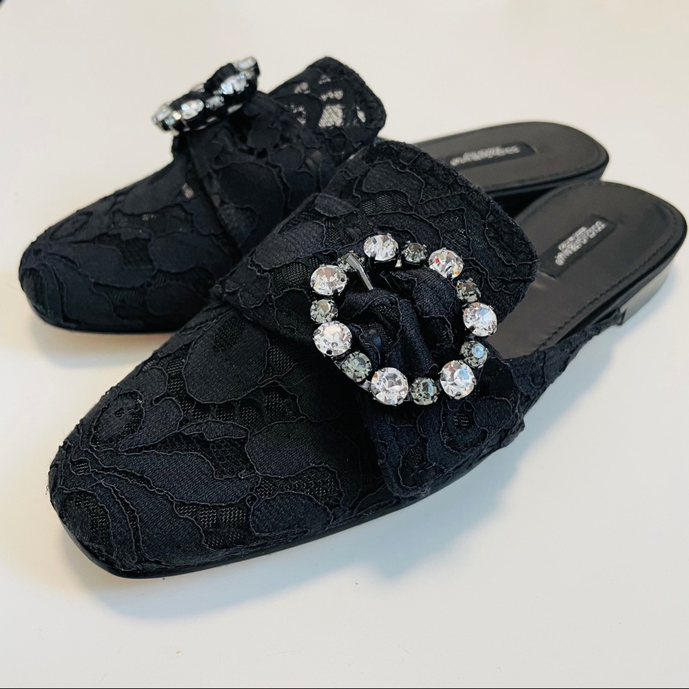 Dolce & Gabbana Black Lace Jeweled Buckle Slip-On Mules - Picture 3 of 8